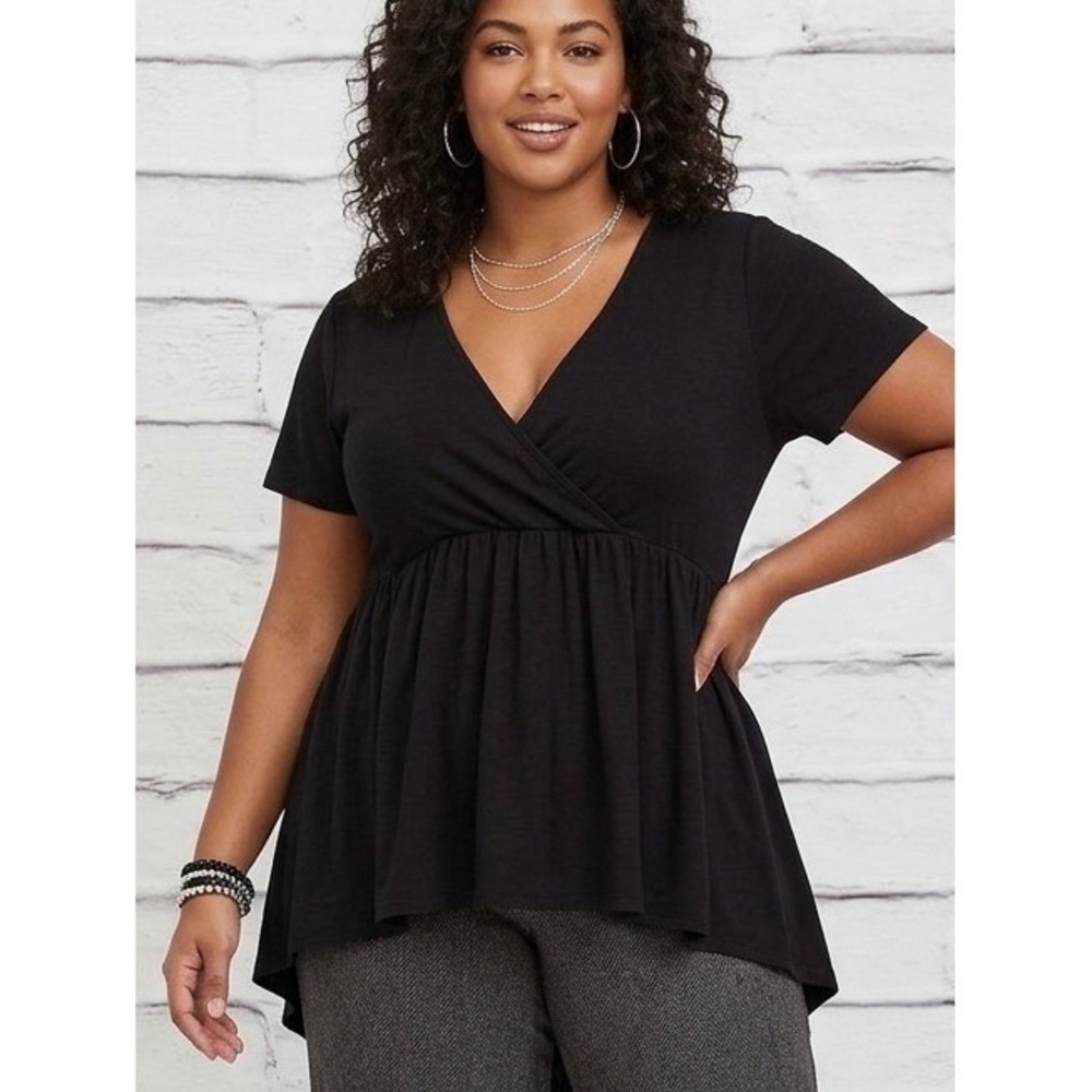 Torrid Black Surplice V-Neck Babydoll Peplum Top High Low Short Sleeve Plus 1